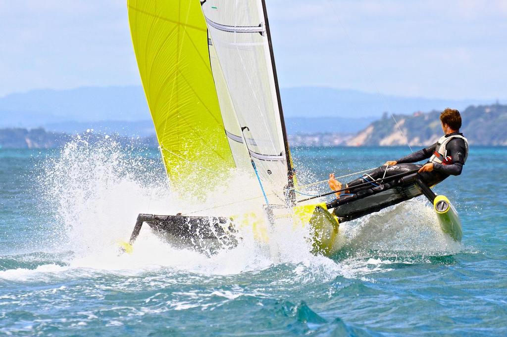 The Weta loads up in a gust - time to ease some sheet and get aft. © Richard Gladwell www.photosport.co.nz